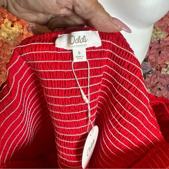 ODDI Red Puff-Sleeve Smocked Midi Dress NWT - Picture 6 of 8